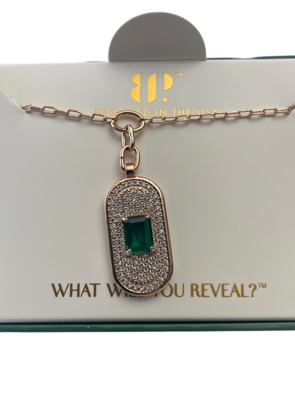 Bomb Party May 2026 Necklace ‘My Sights Are Set On You’ LC Emerald on Rose Gold